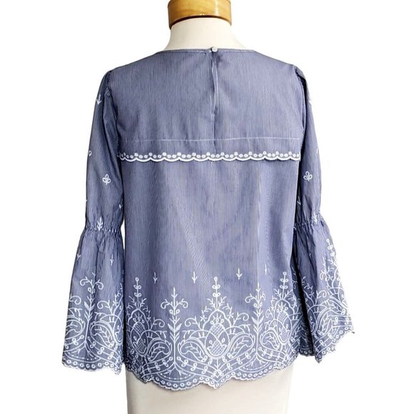 J. Crew Tunic Top Blue/White Pinstripe Embroidered Bell Sleeves Scalloped Sz S - Picture 5 of 8